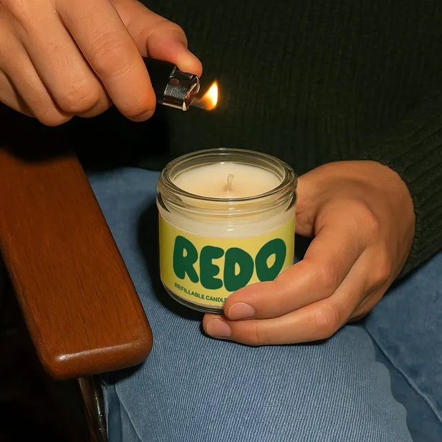 Refillable candle product shot with lighter action, photographic, warm