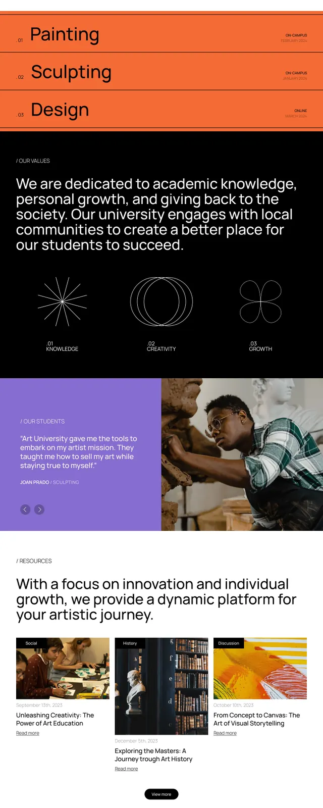 Design school full-page layout, modular sections, minimal, technical, dark