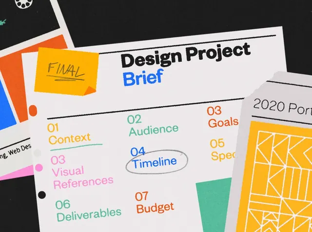 Design project brief with numbered task outline, minimal, corporate-clean, light
