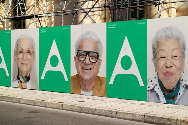 Alternating portrait and monogram street installation, geometric, photographic, vibrant