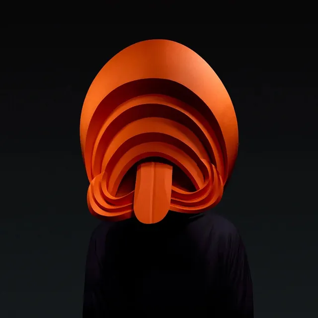 Orange paper sculpture figure, abstract, playful, vibrant