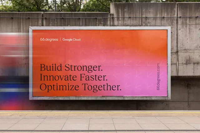 Gradient billboard: 66degrees Google Cloud signage, minimal, corporate-clean, warm