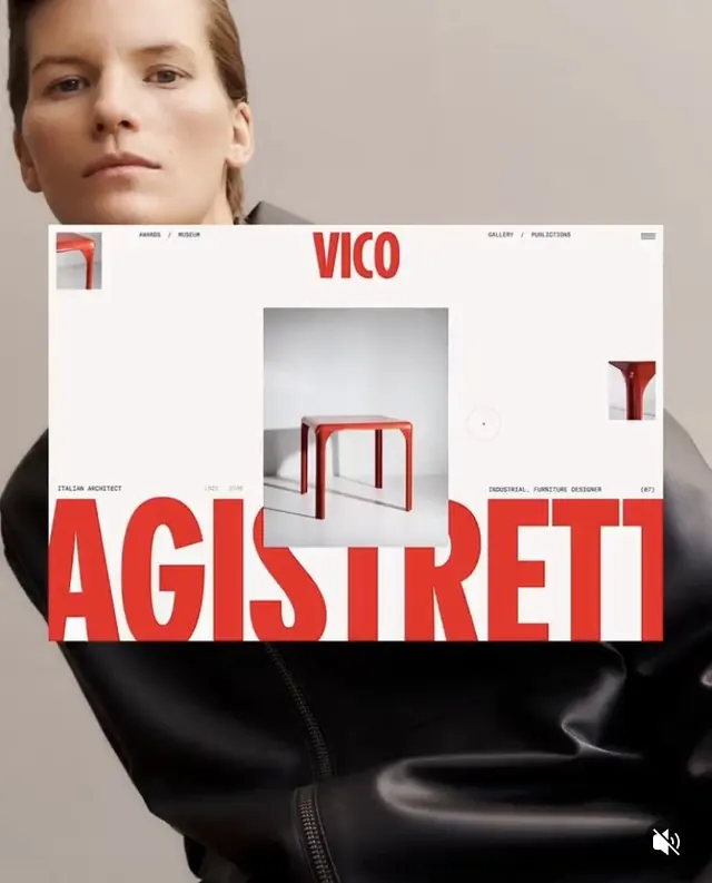 Red-and-white furniture design portfolio overlay, editorial, boxed, high-contrast