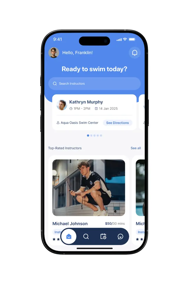 Swim lesson booking app with blue gradient interface, minimal, light-mode, high-contrast