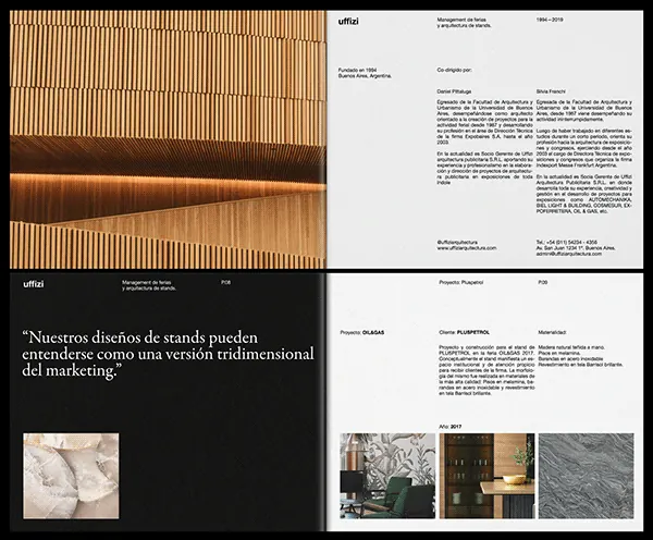 Uffizi portfolio grid with wood-slat abstraction, minimal, corporate-clean, dark