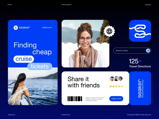 Travel app interface with portrait and feature callout, minimal, flat, vibrant