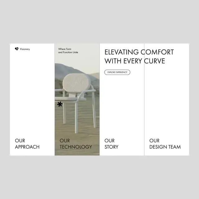 Four-column navigation layout with mountain landscape imagery, minimal, corporate-clean, light