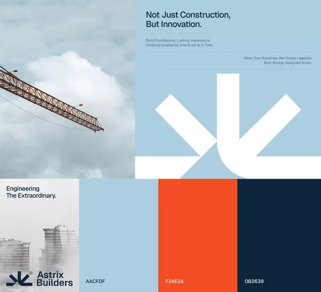 Construction company brand system with geometric shapes and engineering imagery, corporate-clean, geometric, cool