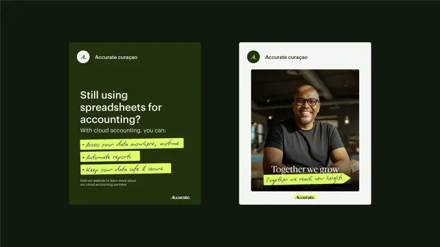 Accurate accounting campaign with dark-green and off-white cards, corporate-clean, minimal, dark