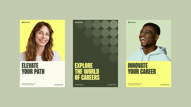 BeHired career-platform tri-panel, minimal, corporate-clean, light