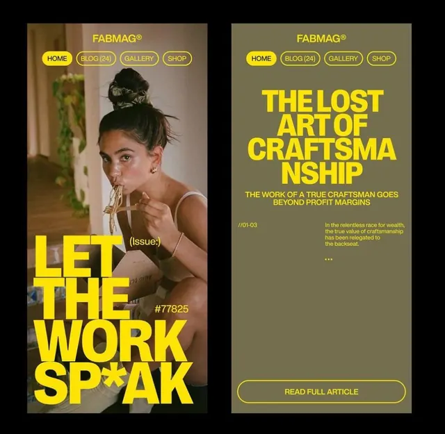 FABMAG editorial layout with bold yellow headlines, editorial, geometric, dark