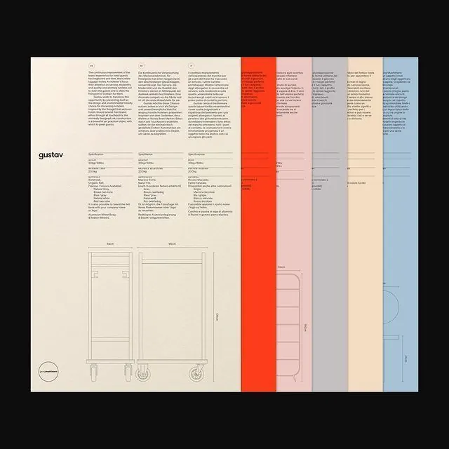 Gustav furniture product spec sheet with color-coded variants, minimal, technical, light