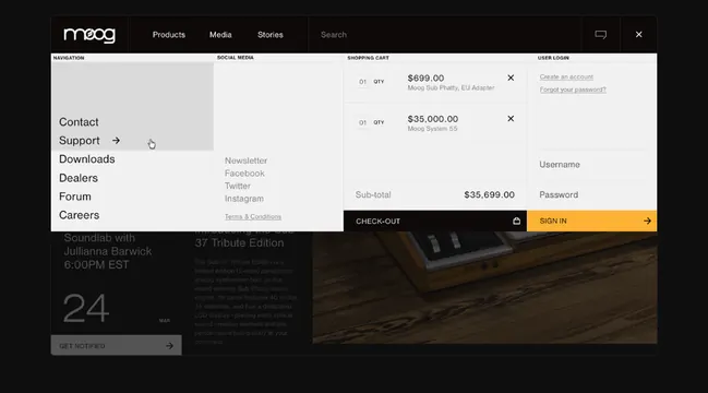 Dark commerce interface with golden checkout accent, dark-mode, minimal, dark