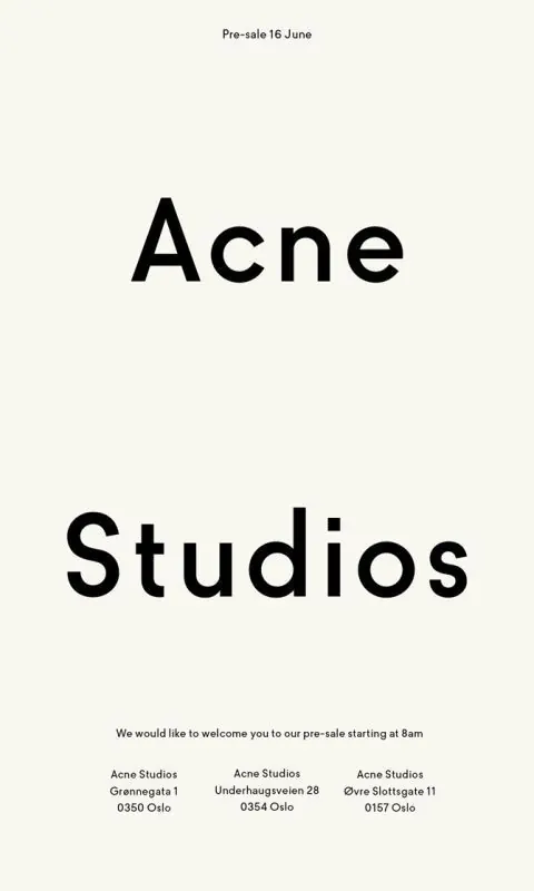 Acne Studios pre-sale announcement poster, minimal, swiss, light