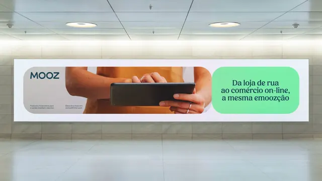 MOOZ retail billboard with split layout and teal callout, corporate-clean, minimal, light