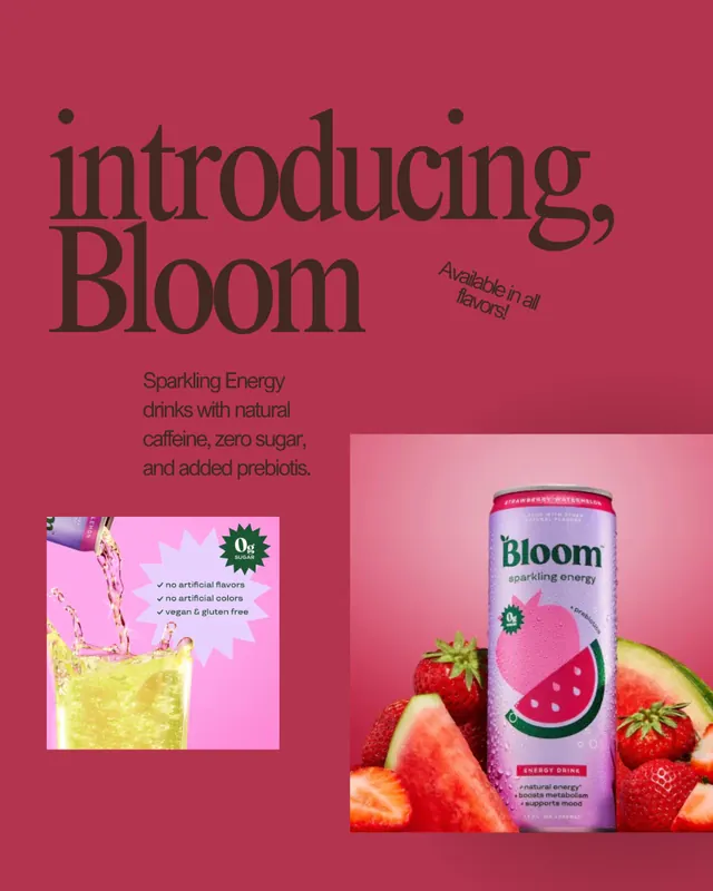 Bloom sparkling beverage campaign, playful, minimal, warm