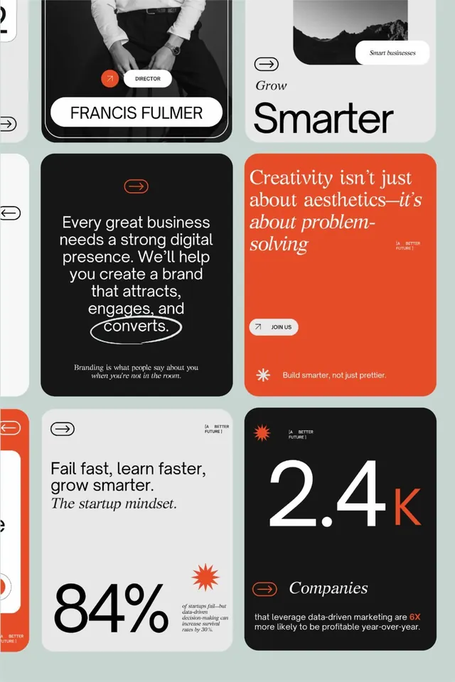 Better Future digital agency case-study grid, minimal, corporate-clean, dark
