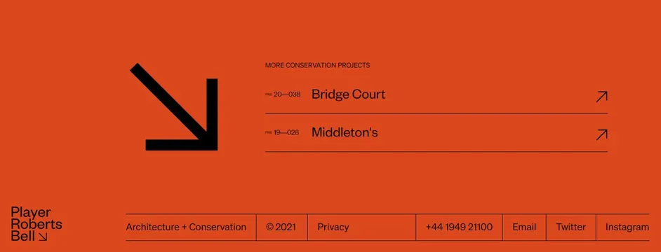 Orange footer with geometric chevron and link list, minimal, corporate-clean, warm