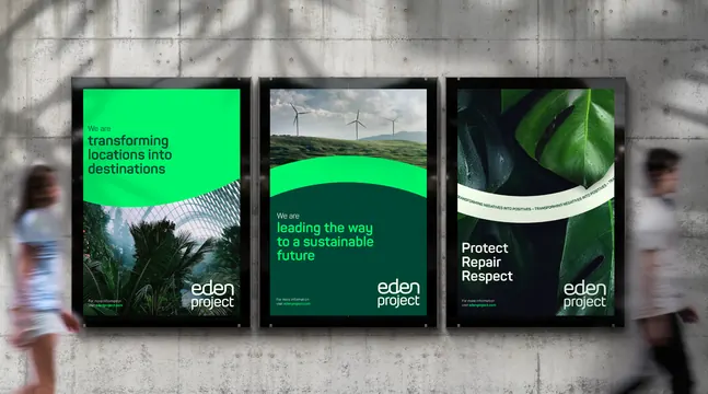 Environmental campaign posters with neon green on dark, minimal, corporate-clean, dark
