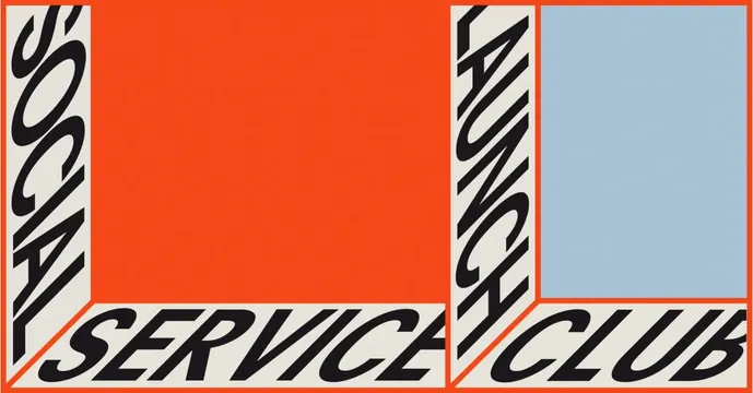 Geometric type specimen SERVICE CLUB two-panel layout, geometric, corporate-clean, warm