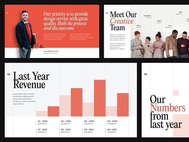 Corporate presentation with coral headers, team photo, and bar chart, corporate-clean, minimal, light
