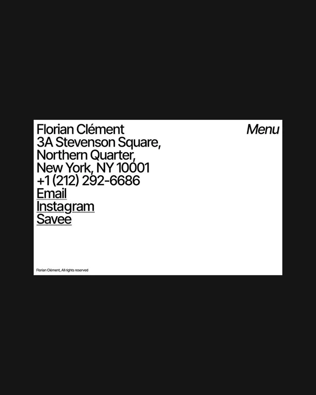 Swiss contact card with menu label, minimal, swiss, dark