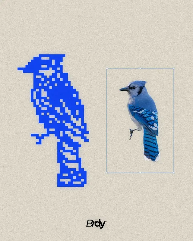 Blue jay pixel art and photography diptych, geometric, illustrated, vibrant
