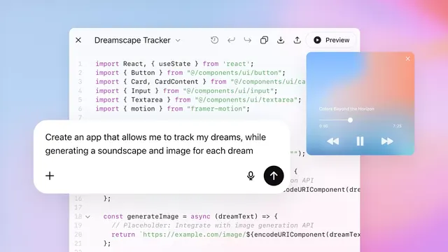 Code editor UI with soft gradient and music player overlay, technical, minimal, cool