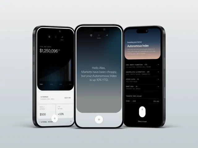 Fintech mobile app interface three-screen mockup, minimal, dark-mode, dark