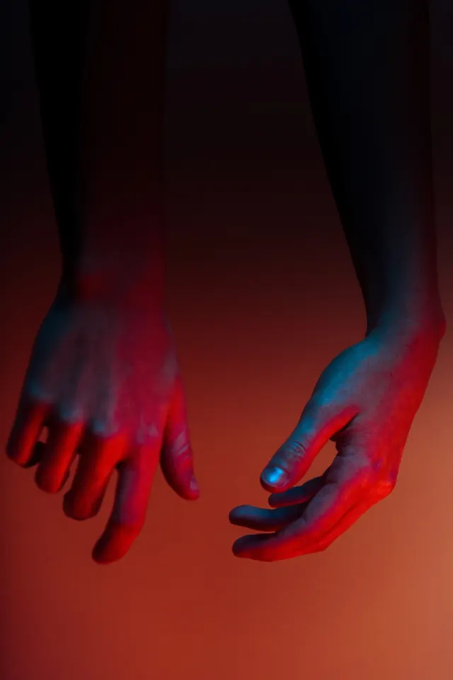 Abstract Human Hands with Light Trails, dark-mode, abstract, high-contrast
