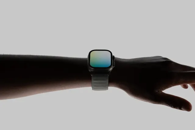 Smartwatch lifestyle mockup with dark skin tone, photographic, minimal, dark