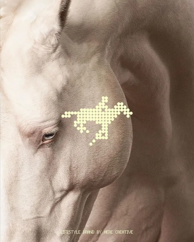 Pixelated arrow overlaid on horse portrait, minimal, geometric, light