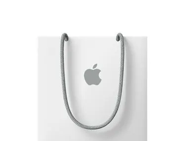 Apple Store bag product shot with logo detail, minimal, monochrome, light