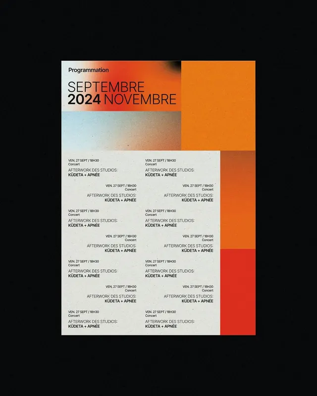 Modular event-calendar poster with bold color blocking, corporate-clean, geometric, dark