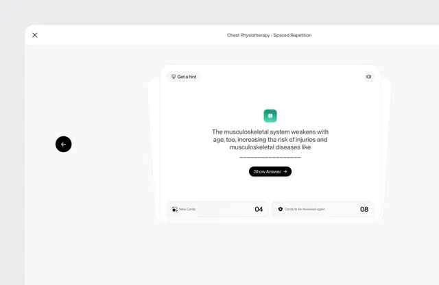 Flashcard quiz interface with progress tracking, minimal, swiss, light