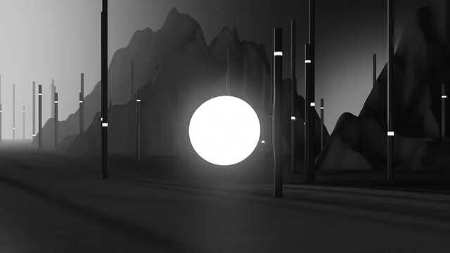 Monochrome Landscape with Glowing Sphere, minimal, dark-mode, monochrome