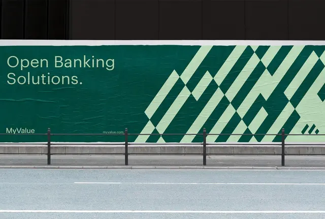 Open Banking billboard with diagonal stripe pattern, corporate-clean, geometric, dark