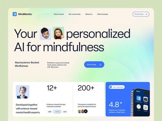 Mental health app landing page with gradient and embedded avatars, minimal, gradient-heavy, light