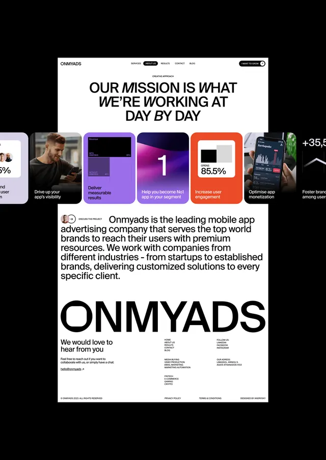 Omnyads mission statement with colorful metric cards, minimal, corporate-clean, dark