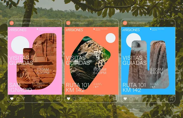 Three-card travel tour social media cards with hot pink, coral, and bright blue, geometric, playful, vibrant