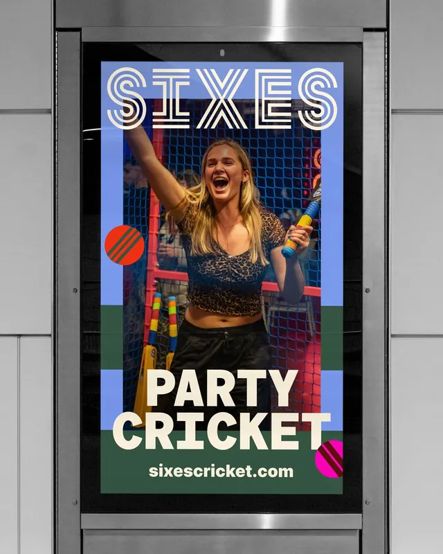 Sixes Party Cricket event poster, geometric, maximalist, vibrant
