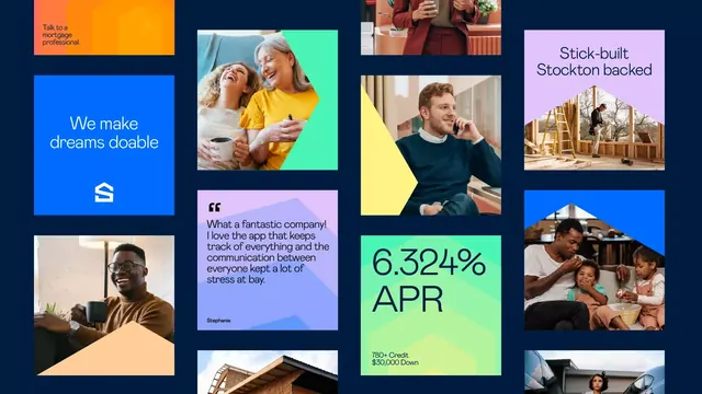 Colorful service-marketing tile grid with bright blocks, flat, corporate-clean, vibrant