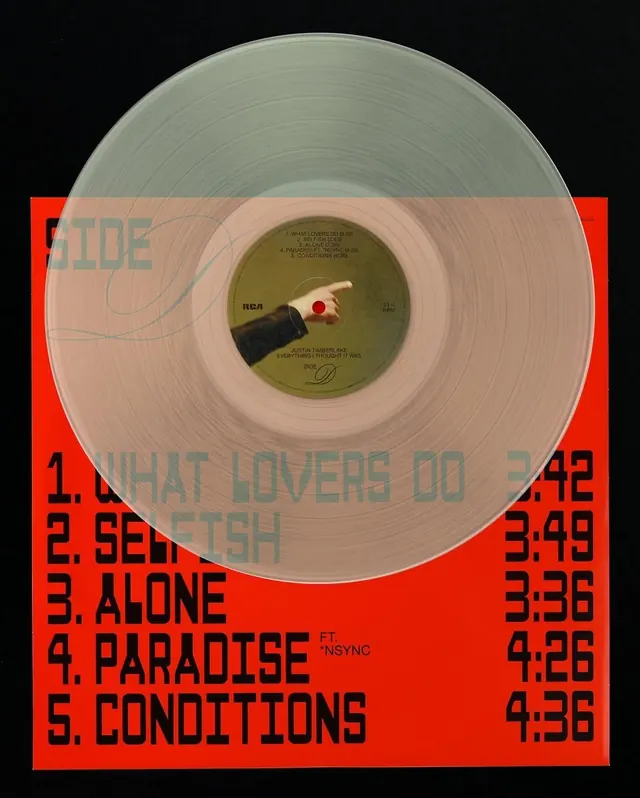 Vinyl album sleeve with translucent disc and red sleeve, minimal, geometric, vibrant