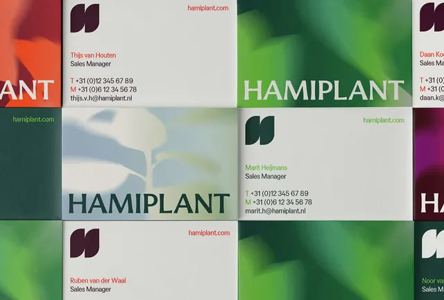 Grid-based brand collateral with plant photography, minimal, corporate-clean, light