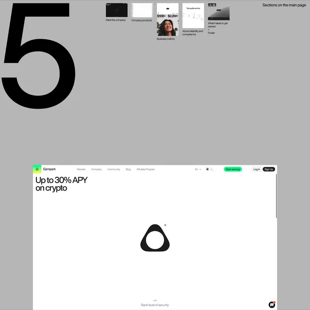 Crypto yield platform with bold number hierarchy and product grid, minimal, technical, dark