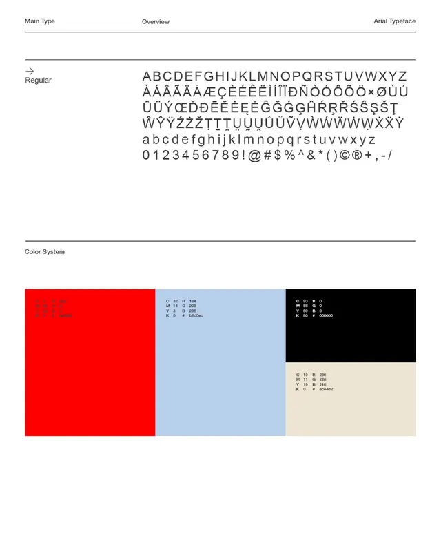 Arial typeface and color system specification sheet, technical, minimal, light