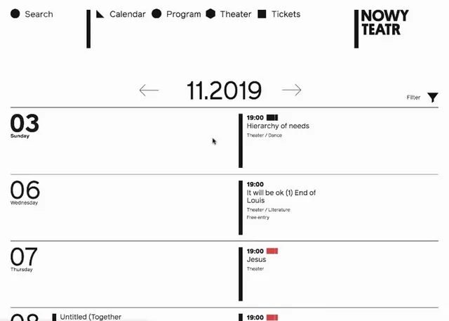 NOWY TEATR event listing schedule, minimal, swiss, monochrome
