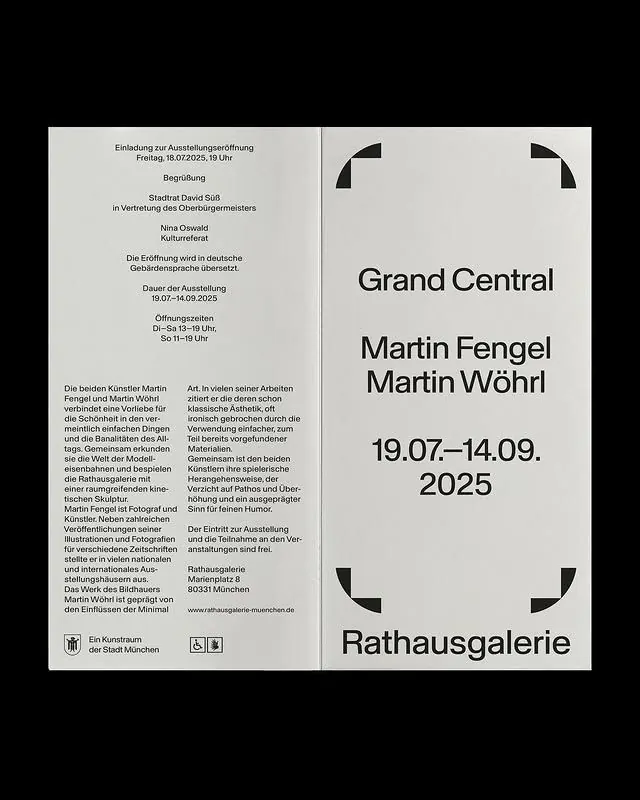 Exhibition poster with split layout and hand-drawn corners, minimal, swiss, light