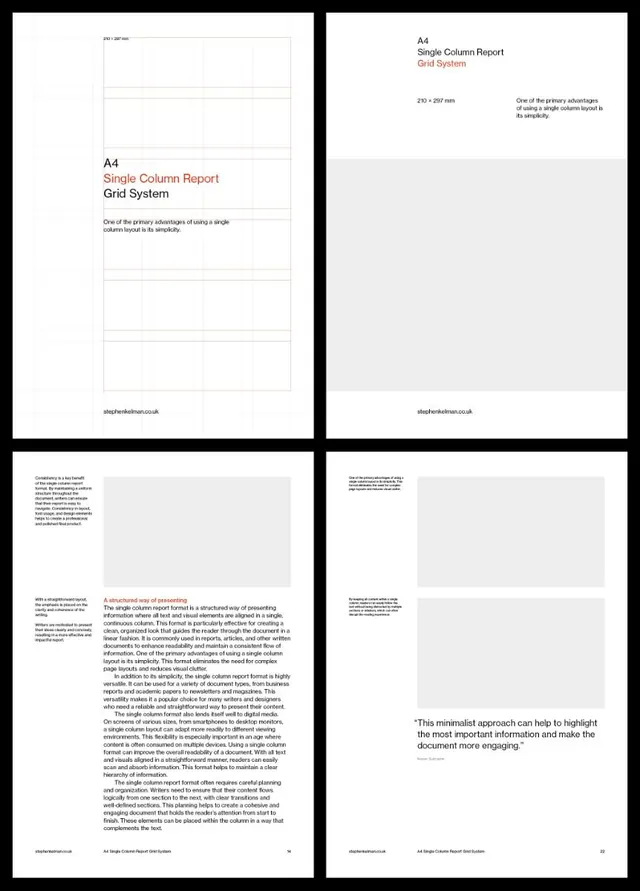 A4 single-column grid system documentation, minimal, corporate-clean, light