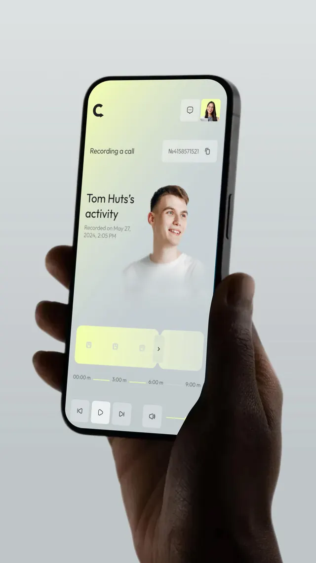 Mobile app mockup held in hand with activity-log card and timeline scrubber, minimal, light-mode, light